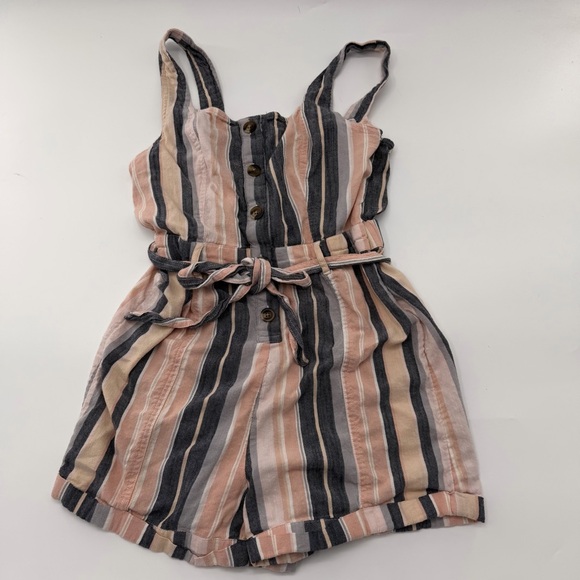 American Eagle Striped Button Front Romper Pink Grey - Picture 2 of 9